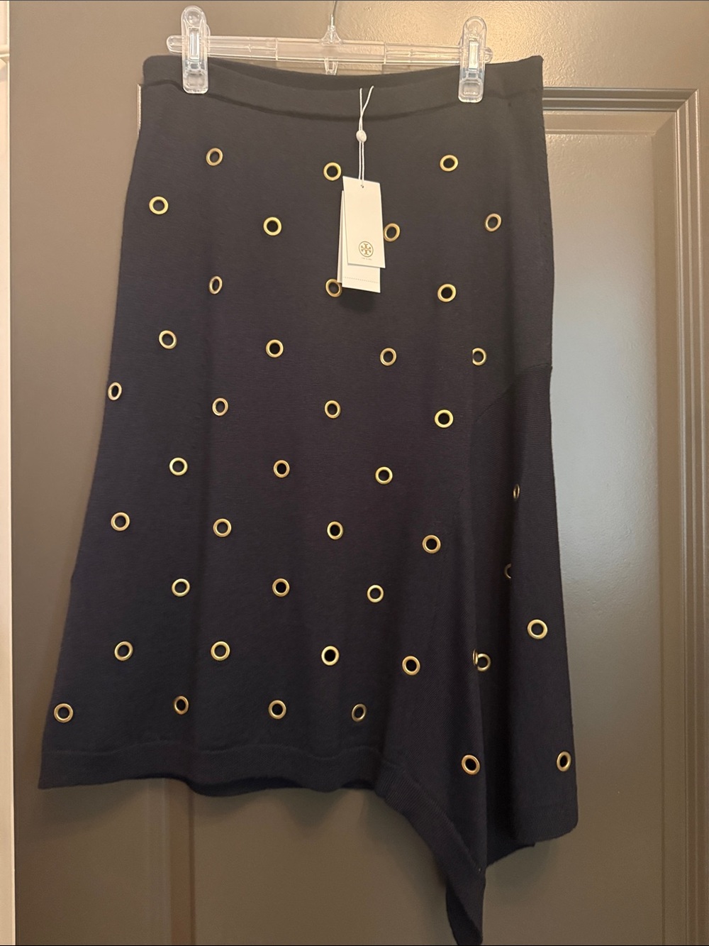 Tory Burch Navy A-Line Skirt with Gold Grommet Detail